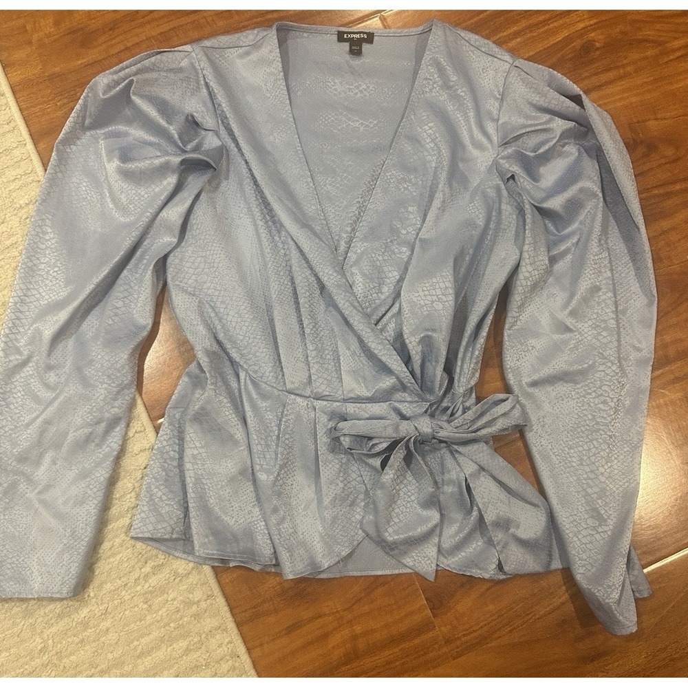 express women's wrap top Blouse Blue jacquard long sleeve tie waist Medium M